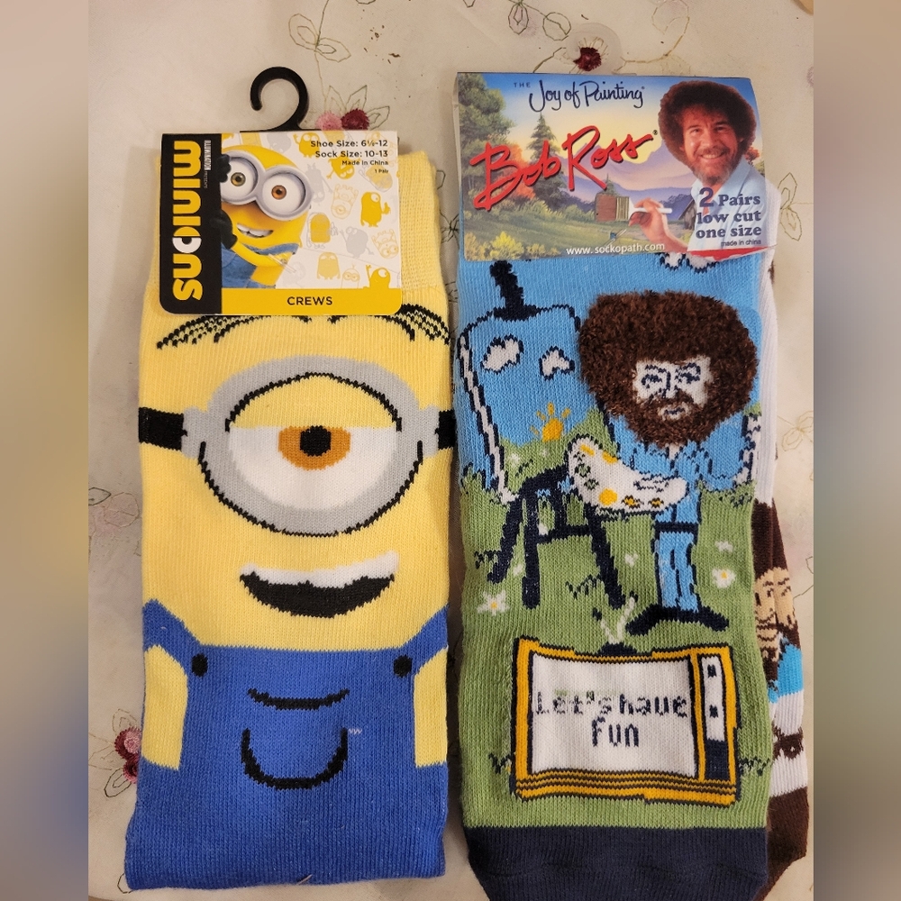3pair 1 MINIONS & 2 BOB ROSS   Crew Socks. Graphics OS Party Socks.